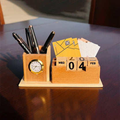 Premium Wooden Desk Organizer with Clock, Calendar, Mobile Stand & Business Card Holder | Pen, Pencil & Stationery Stand for Office Desk & Study Table