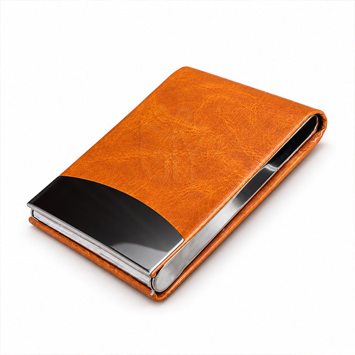 Personalized Premium Textured PU Leather & Stainless Steel Business Card Holder – Luxury Visiting Card Case with Elegant Brushed Silver Metal Accent | Customized Executive Corporate Gift - M1119