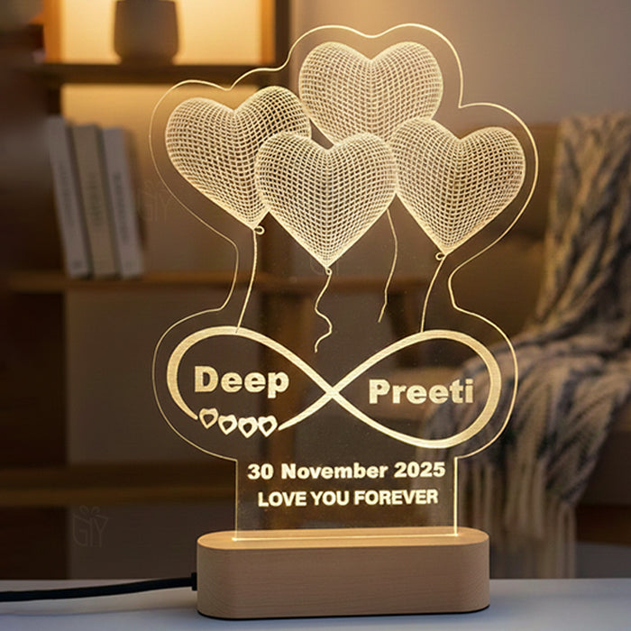 Personalized Acrylic LED Night Lamp with Custom Names & Date – Heart Balloon Design | Romantic Couple Night Light | Ideal Gift for Anniversary, Wedding, Engagement & Valentine’s Day