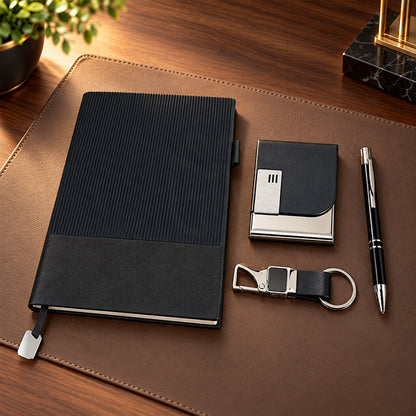 Personalized Black 4-in-1 Premium Executive Corporate Gift Set with Luxury Diary, Metal Pen, Business Card Holder & Keychain | Customized Business Gifts for Employees, Clients, Managers, Welcome Kits, Corporate Events & Bulk Gifting – MD160