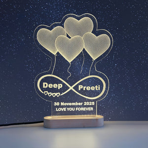 Personalized Heart Balloon Acrylic LED Lamp with Names & Date