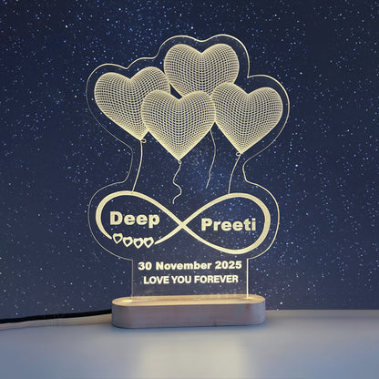 Personalized Acrylic LED Night Lamp with Custom Names & Date – Heart Balloon Design | Romantic Couple Night Light | Ideal Gift for Anniversary, Wedding, Engagement & Valentine’s Day