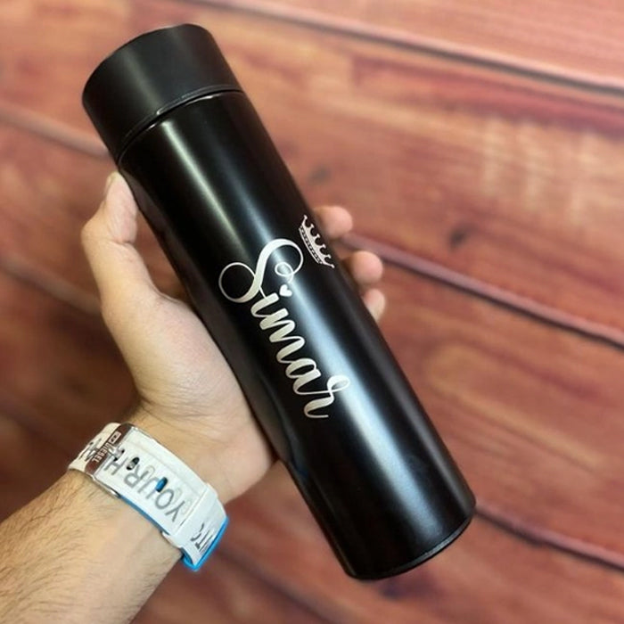 Personalized Black Stainless Steel Sports Bottle | LED Temperature Display | Double-Wall Vacuum Insulated | 500ml | 24H Hot & Cold
