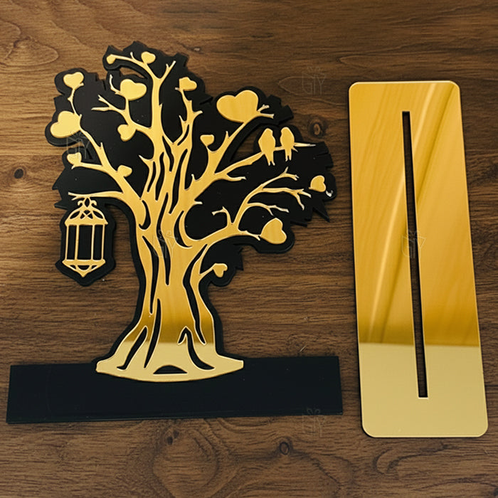 Golden Love Symbol Acrylic Tree Showpiece – Romantic Home & Table Decoration (Size 18x20x5.5cm)
