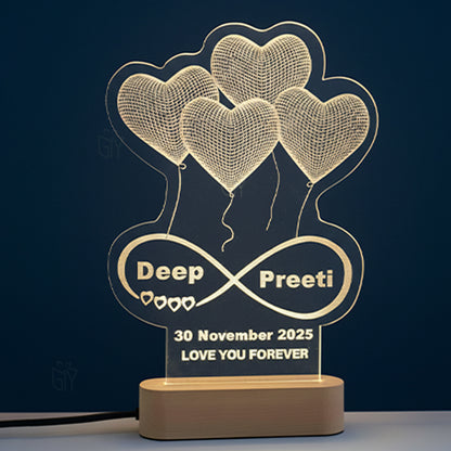 Personalized Acrylic LED Night Lamp with Custom Names & Date – Heart Balloon Design | Romantic Couple Night Light | Ideal Gift for Anniversary, Wedding, Engagement & Valentine’s Day