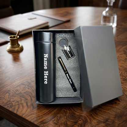 Personalized 3-in-1 Premium Gift Set with Stainless Steel Insulated Water Bottle with LED Temperature Display, Metal Keychain & Executive Pen | Customized Corporate Gift for Employees, Clients, Office, School, Travel & Festive Gifting