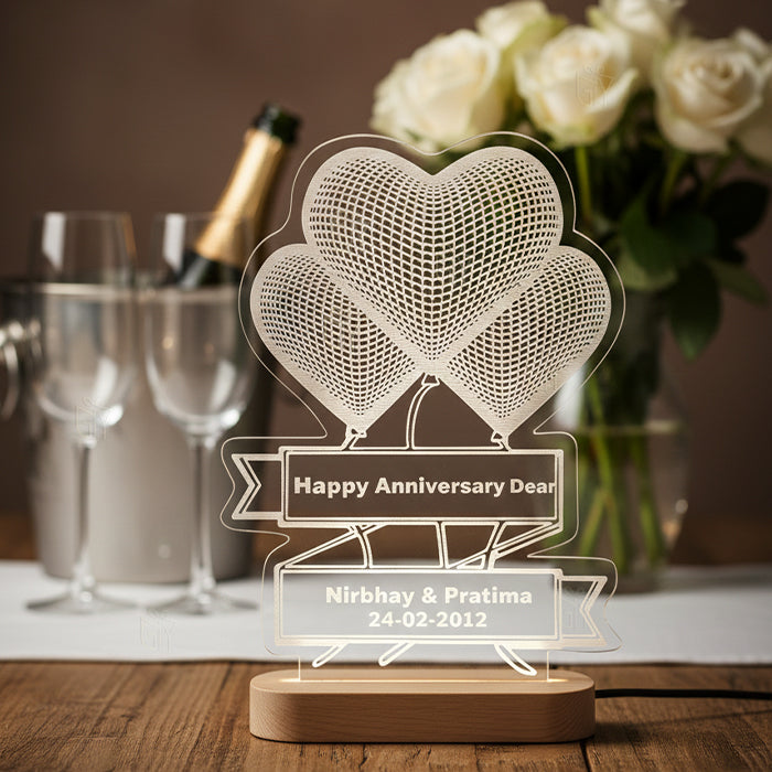 Personalized Acrylic LED Table Top Night Lamp with 3 Heart Balloons Design – Customized Name Elegant Night Light for Birthday, Anniversary, Wedding & Couple Gifts (size 7x10.5x1.7inch)