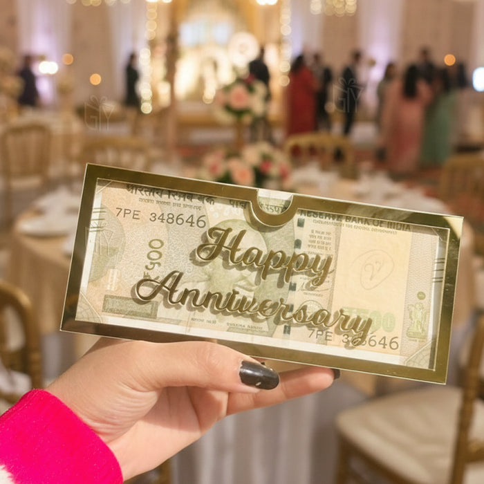 Luxury Acrylic Happy Anniversary Golden Shagun Lifafa | Elegant Money Gift Envelope | ₹500 Note Fit Cash Cover for Wedding, Anniversary & Couple Gifts