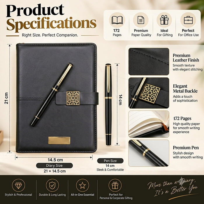 Personalized Executive A5 Diary & Pen 2 in 1 Set with Metal Buckle Magnetic Closure | Corporate Gift for Employees, Clients & Professionals