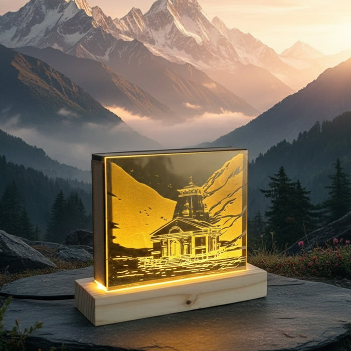Shree Kedarnath Mandir Golden Acrylic Temple with Wooden Frame & LED Light – Divine Spiritual Table Decor for Home, Office, Puja Room & Gifting