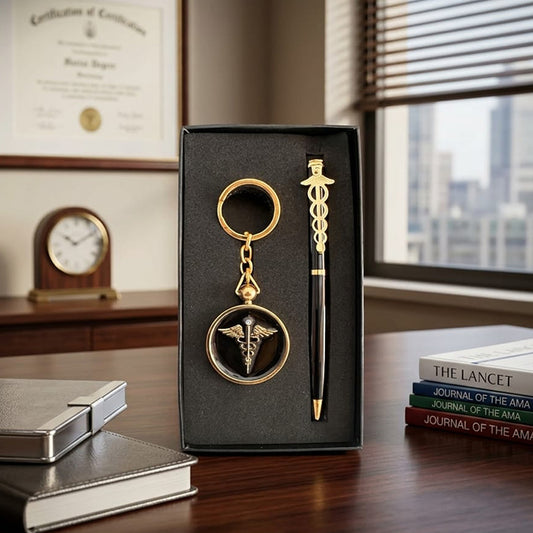 Personalized Doctor Gift Set with Customized Black & Gold Metal Ball Pen, Name Engraving & Caduceus Doctor Keychain | Premium Luxury Gift for MBBS Doctors, Physicians, Surgeons, Medical Students, Interns & Healthcare Professionals Gift