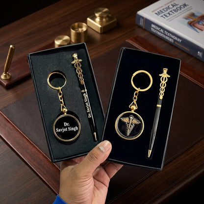 Personalized Doctor Gift Set with Customized Black & Gold Metal Ball Pen, Name Engraving & Caduceus Doctor Keychain | Premium Luxury Gift for MBBS Doctors, Physicians, Surgeons, Medical Students, Interns & Healthcare Professionals Gift