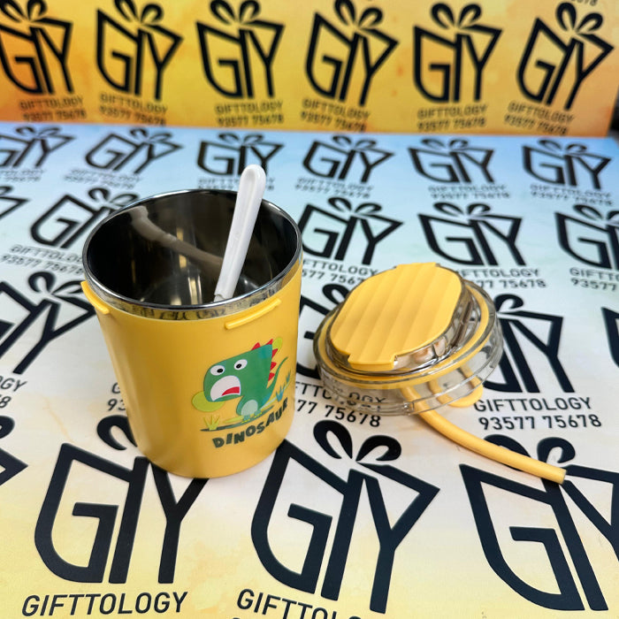 Custom Engraving Sealed Cup Water Bottle for Kids - 530ml Stainless Steel Sipper With Straw & Spoon