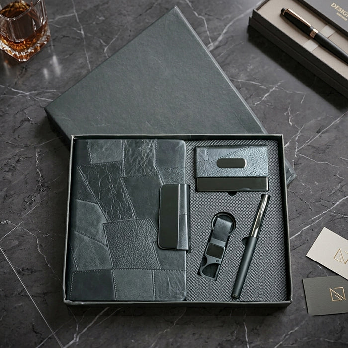 Personalized Black 4-in-1 Executive Gift Set with premium diary, metal pen, card holder & keychain. Ideal for employees, clients, managers, welcome kits, conferences, corporate events and bulk business gifting. MP4919
