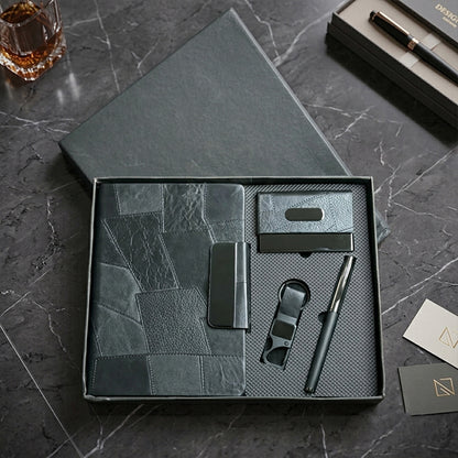 Personalized Black 4-in-1 Executive Gift Set with premium diary, metal pen, card holder & keychain. Ideal for employees, clients, managers, welcome kits, conferences, corporate events and bulk business gifting. MP4919