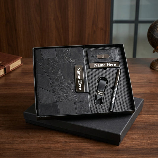 Personalized Black 4-in-1 Executive Gift Set with premium diary, metal pen, card holder & keychain. Ideal for employees, clients, managers, welcome kits, conferences, corporate events and bulk business gifting. MP4919