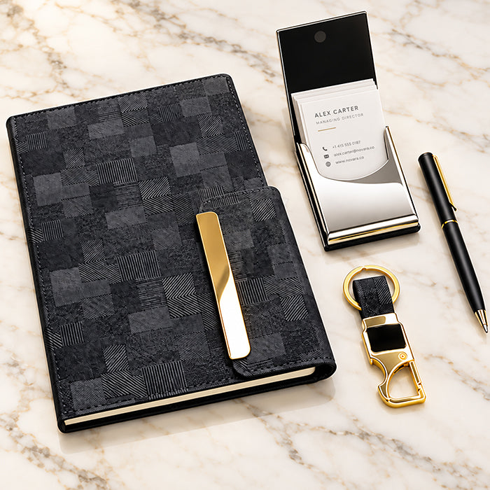 Personalized Black & Gold 4-in-1 Premium Executive Gift Set with Diary, Metal Pen, Card Holder & Keychain | Corporate Gift for Employees, Clients, Managers, Welcome Kits, Conferences, Events & Bulk Gifting – MP4923