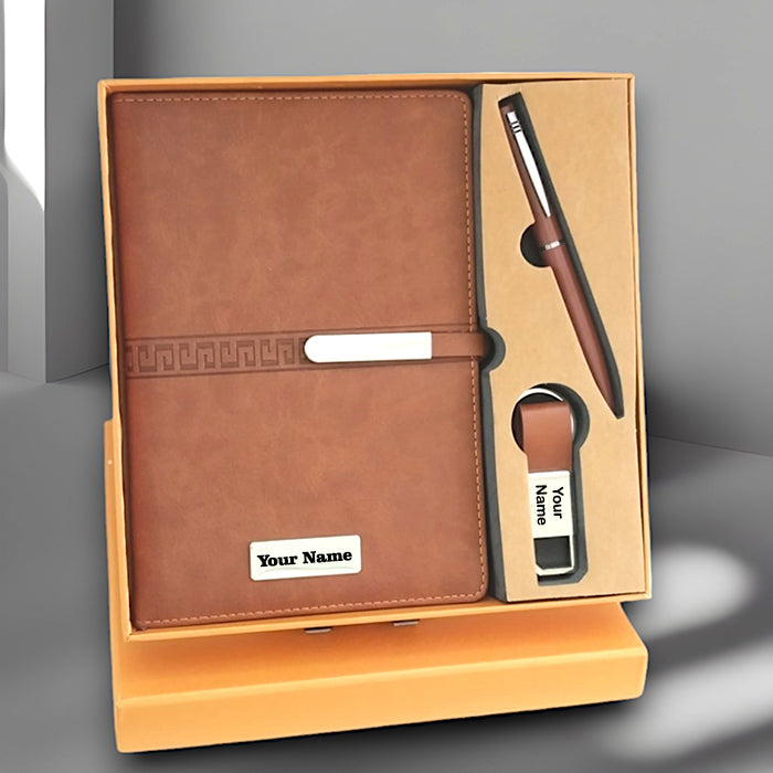 Personalized Diary with Pen and Metal Keychain Gift Set - Brown 3-in-1 Combo (M1044)