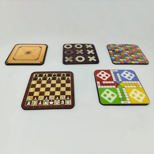 Wooden Square Tea Coaster Set – Game Design | 4-Inch Decorative Coasters for Home & Office (Pack of 5)
