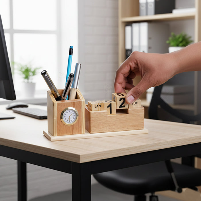 Premium Wooden Desk Organizer with Clock, Calendar, Mobile Stand & Business Card Holder | Pen, Pencil & Stationery Stand for Office Desk & Study Table