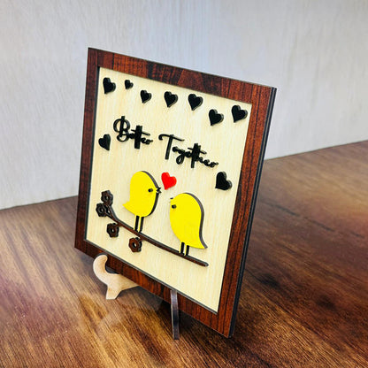 Premium Better Together Love Birds Framed Romantic Couple Wooden Décor with Home | Stylish Table Showpiece for Home, Bedroom & Living Room & Gifting size (7x7inch)