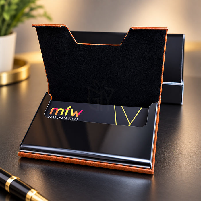 Personalized Premium PU Leather Business Card Holder – Elegant Metal Visiting Card Case | Customized Corporate Gift for Professionals - M1116