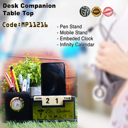 Personalized Wooden Desk Nameplate with Organizer – Black & Gold | Custom Office Table Nameplate with Calendar, Watch, Pen & Phone Holder (M11216)