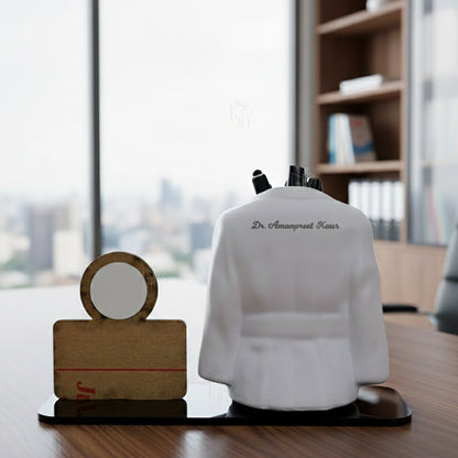Name Personalized Doctor Shape Pen Stand With Clock, For Office