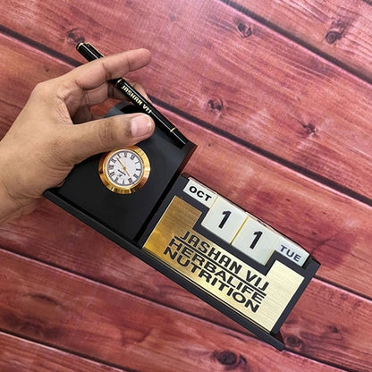 Personalized Wooden Desk Nameplate with Organizer – Black & Gold | Custom Office Table Nameplate with Calendar, Watch, Pen & Phone Holder (M11216)
