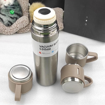 Customized 500ml Vacuum Flask Set Silver & Grey cap - One Bottle, Three Mugs (M409)