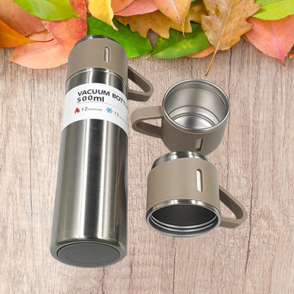 Customized 500ml Vacuum Flask Set Silver & Grey cap - One Bottle, Three Mugs (M409)