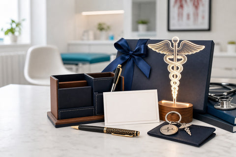 Personalized gifts for doctors with medical symbol lamp, desk organizer, pen and keyring
