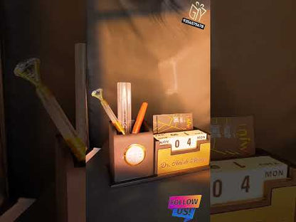 Personalized Wooden Desk Nameplate with Organizer – Black & Gold | Custom Office Table Nameplate with Calendar, Watch, Pen & Phone Holder (M11216)