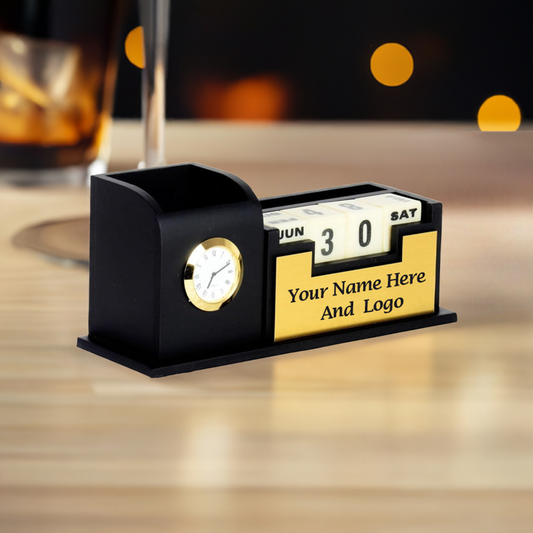 Personalized Wooden Desk Nameplate with Organizer – Black & Gold | Custom Office Table Nameplate with Calendar, Watch, Pen & Phone Holder (M11216)