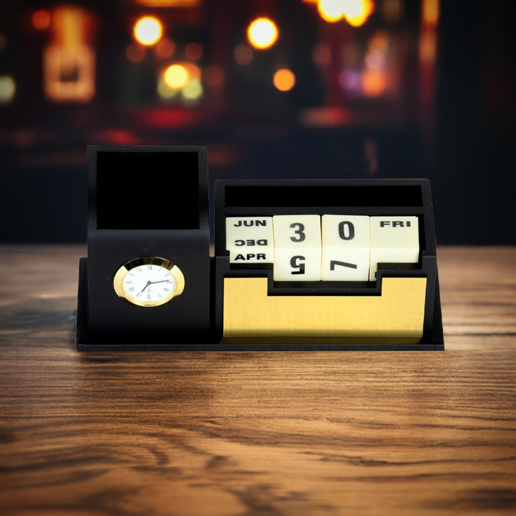 Personalized Wooden Desk Nameplate with Organizer – Black & Gold | Custom Office Table Nameplate with Calendar, Watch, Pen & Phone Holder (M11216)